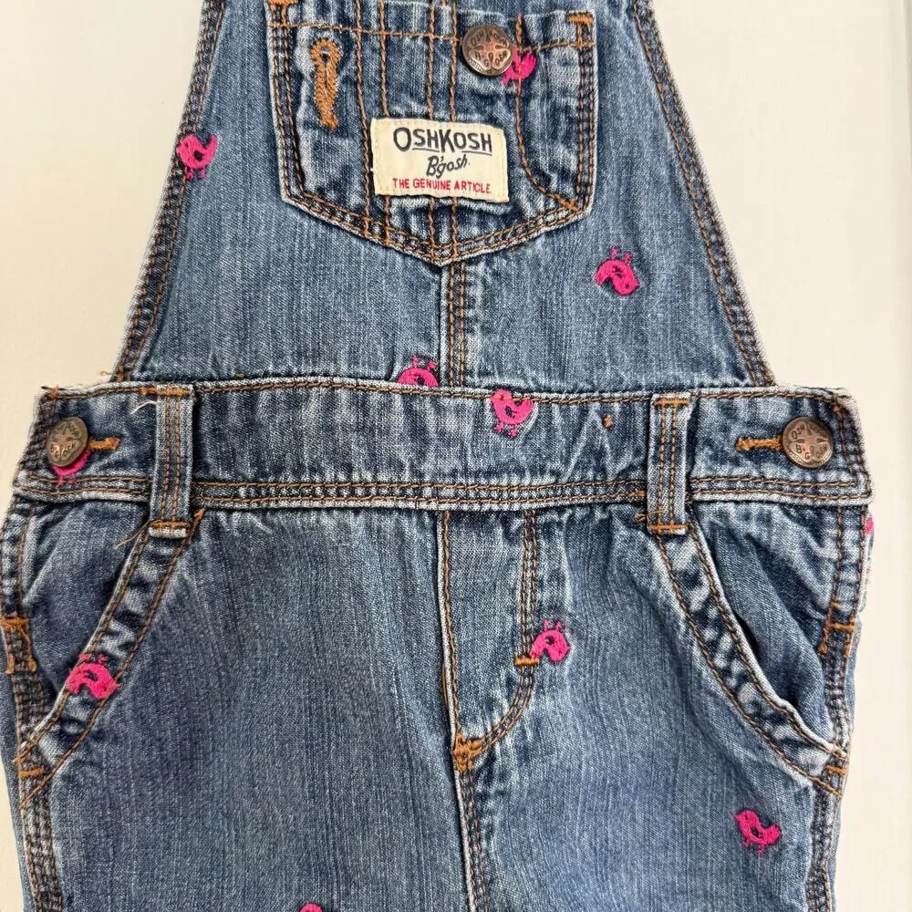 OshKosh B'gosh Baby Denim Overalls Embroidered Pink Birds Size 12m